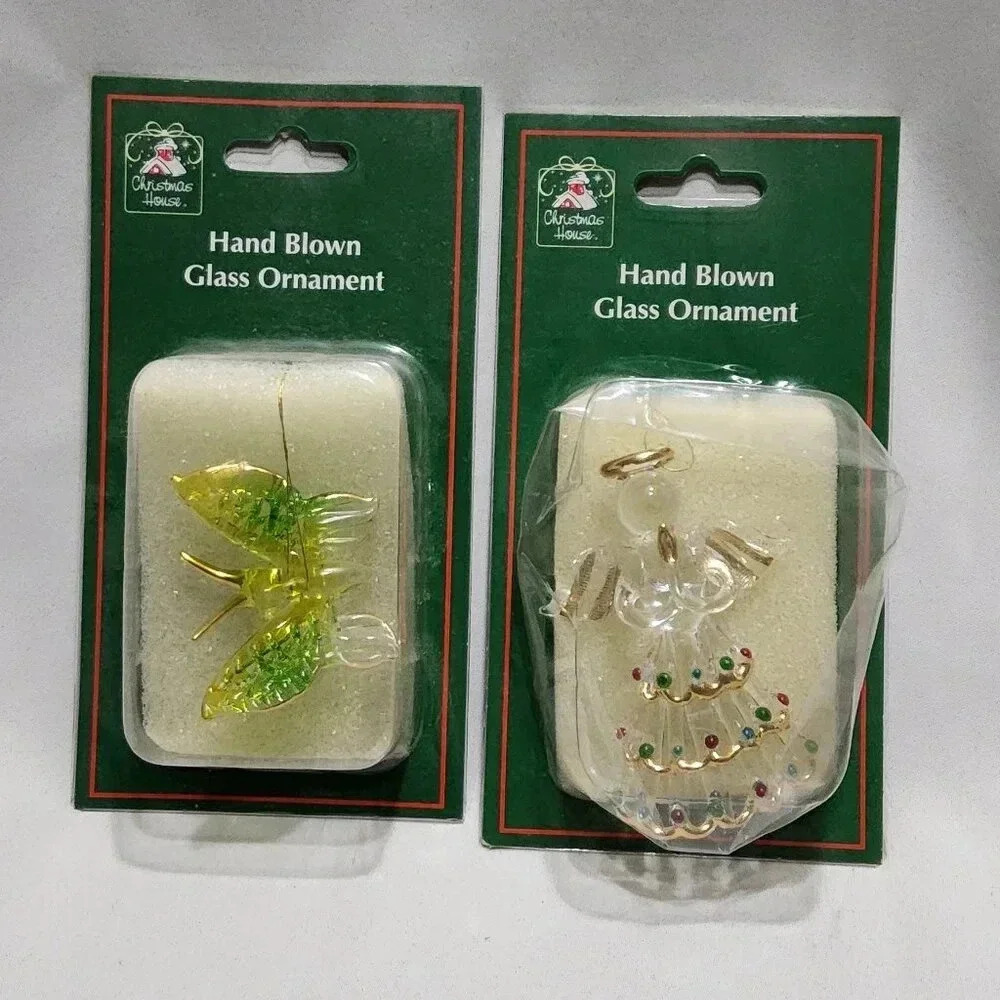 Glass Ornaments Set of 2 Hand Blown Christmas House Angel Butterfly Holidays‎